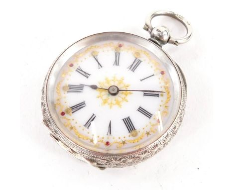 A silver fob watch, with white enamel dial with Roman numerals, with gilt detailing set with stones, in a heavily embossed ca