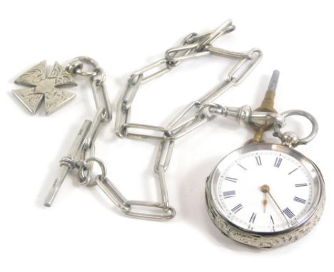 A Victorian silver pocket watch, with an enamel Roman numeric dial, with silver watch chain and cross shaped fob, Birmingham 