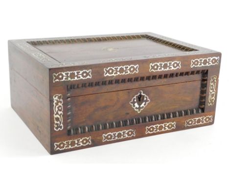 A 19thC mother of pearl inlaid jewellery casket, of rectangular form, the highly elaborate exterior, revealing a plain interi