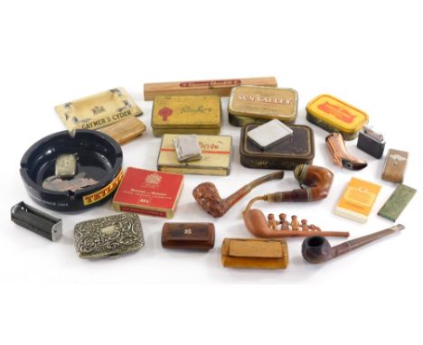 A quantity of collectables, to include a Gaymer enamel advertising ashtray, silver plated cigarette case, lighters, hardwood 