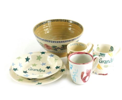 Various Emma Bridgewater and other similar pottery items, to include barn owl cup, 10cm high, garden design mug, other items,