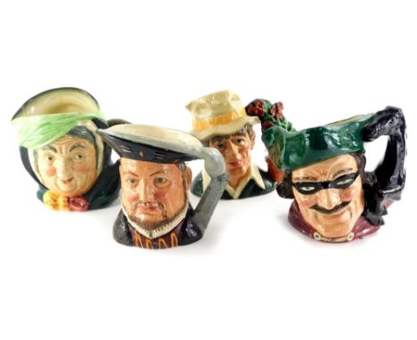Four Royal Doulton ceramic character jugs, Henry VIII, The Gardener, Dick Turpin and Sairey Gamp.