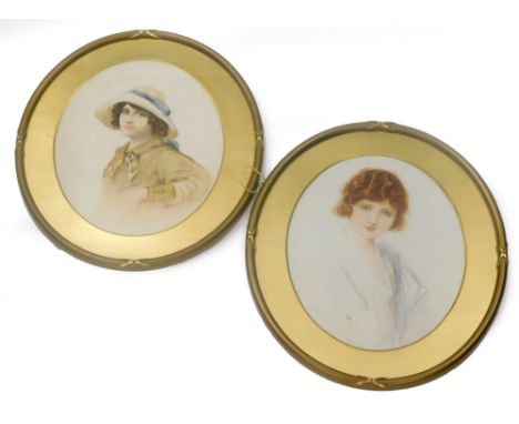 L Holland (20thC). Portrait of a lady quarter profile and another of a lady wearing hat, watercolours, signed, 34cm x 25cm. (