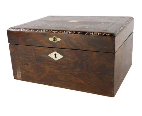 A Victorian and later rosewood and burr walnut workbox, the hinged lid inlaid in pewter, mother of pearl, etc., with marquetr