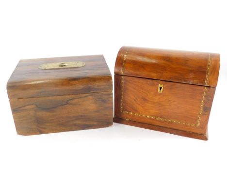 A 19thC and later desk tidy, the domed top with a Tunbridge style inlay, hinging to reveal a removable shelf for ink bottle a