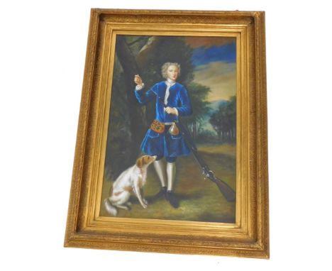 Late 20thC School. Portrait of a gentleman with a gun and a gun dog, dressed in blue, oil on canvas, 90cm x 60cm.