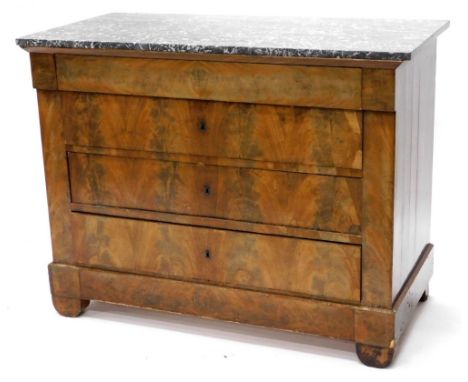 A 19thC French commode, with a grey marble top above four long drawers, on bracket feet, 114cm wide.