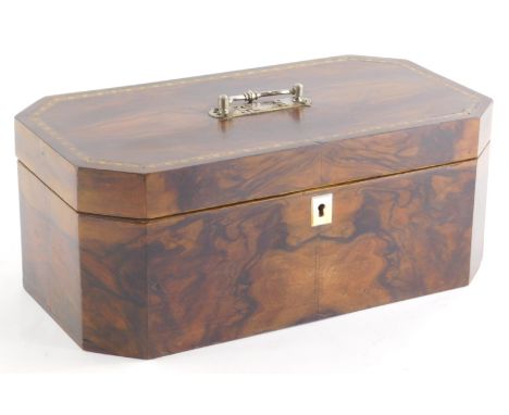 A 19thC and later walnut jewellery box, of hexagonal form with mother of pearl escutcheon and removable shelf with deep well,