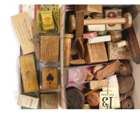 An interesting collection of various advertising early 20thC and other card packaging, various other items, wooden Tiddlywink