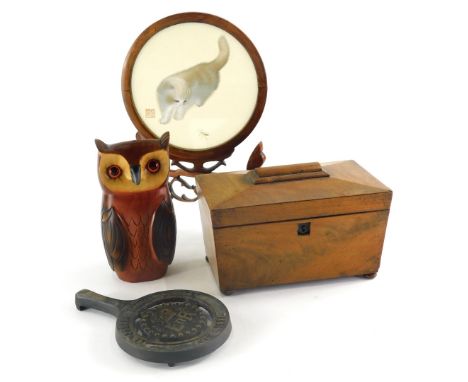 A Silver Jubilee metal trivet or Aga kettle stand, 23cm high, treen owl, 19thC sarcophagus shaped two tiered tea caddy and an