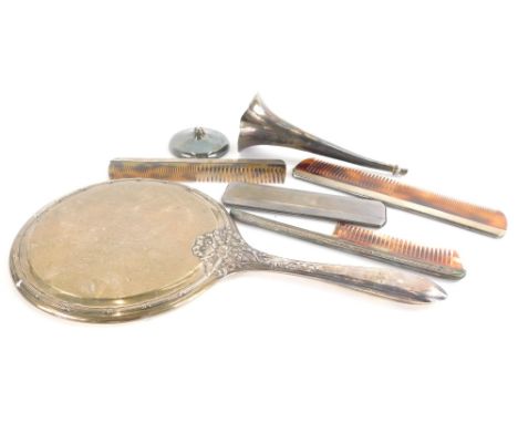 Various silver, a George V hand mirror, of circular for with shaped handle, Birmingham 1911, 29cm high, Art Deco part comb se