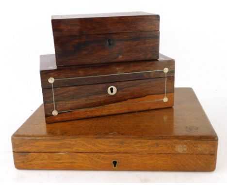 A collection of boxes, to include two rosewood and mother of pearl inlaid jewellery boxes and an oak cutlery case, all lackin