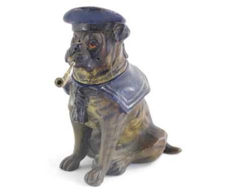 A cold painted spelter inkwell, modelled in the form of a bulldog or mastiff wearing naval type uniform smoking a pipe, 10cm 
