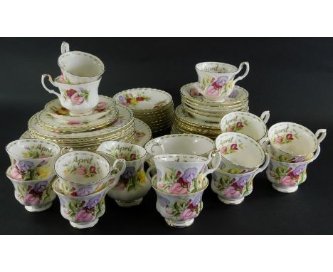 A Royal Albert Flowers of The Month April part tea service, to include cake stand, jug, cup, saucers, bowls, 13cm wide, plate