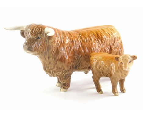 A Beswick ceramic highland cow and a Beswick calf.  (2)