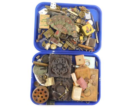 Various treen, bygones, advertising amateur peacock, articulated wooden childs figure, 18cm high, Junior advertising box, oth
