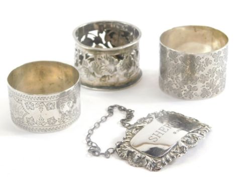 A collection of small silver, various silver napkin rings, to include one decorated profusely with three leaf clovers, a Sher