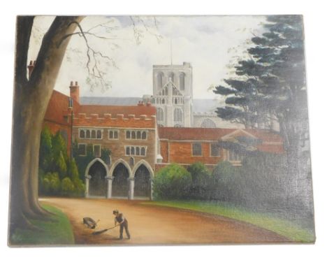 C R Compton (fl 1914). University courtyard before spire, oil on canvas, signed and dated, 41cm x 51cm.