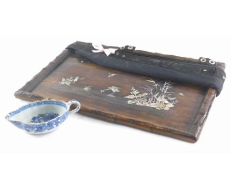 A Chinese hardwood and mother of pearl inlaid tray or plaque, decorated with flowers, leaves and a crane, and a 19thC Chinese