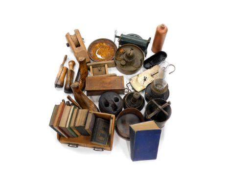 Various books, bygones collectables, Salters scales, large Salter spring balance mark 2, treen boxes, a pair of adjustable bo