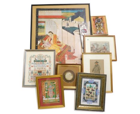 A collection of Oriental pictures and prints, to include images of gods, a mogul school picture of warriors on horseback in a