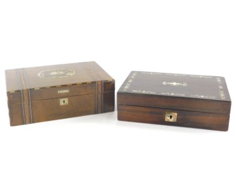 A 19thC and later rosewood and mother of pearl jewellery box, of rectangular form with mother of pearl escutcheon and plain i