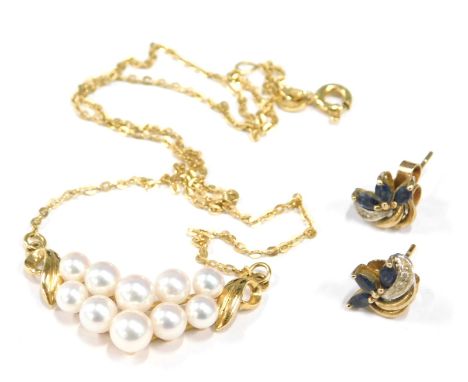 Two items of jewellery, to include a pair of 9ct gold floral scroll earrings, each set with cz and blue stones. 1.6g, togethe