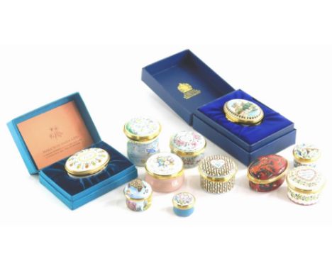 A quantity of modern Halcyon Days enamel boxes, each decorated with birds, flowers, etc.