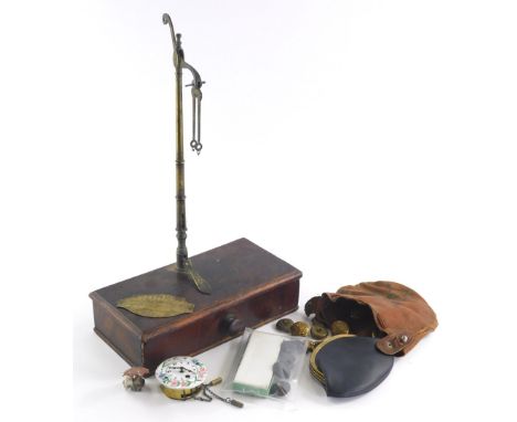 A quantity of miscellaneous items, to include a 19thC set of scales, a coal painted spelter figure of two dogs and a umbrella
