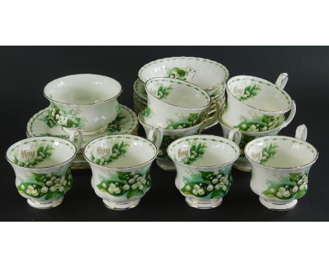 A Royal Albert Flowers of the Month May pattern part tea service, to include eight cups, cereal bowl, sugar bowl, side plates