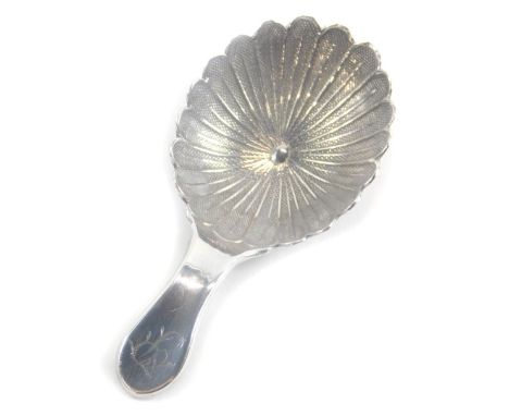 A George III silver caddy spoon, by William Pugh, with a floral shaped bowl and plain handle, engraved with the letter P, Bir