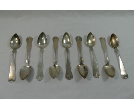 A set of six 19th century American silver coin spoons, stamped 'T. DUNLAP', inscribed with initials 'M.A.A.', and three other