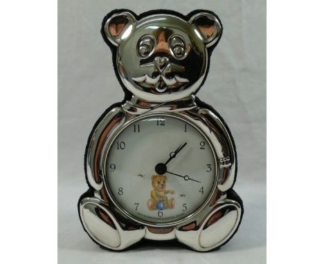 A novelty silver alarm clock modelled as a teddy bear, Sheffield 2002 by Richard Carr, 15cm high CONDITION REPORT: If you req