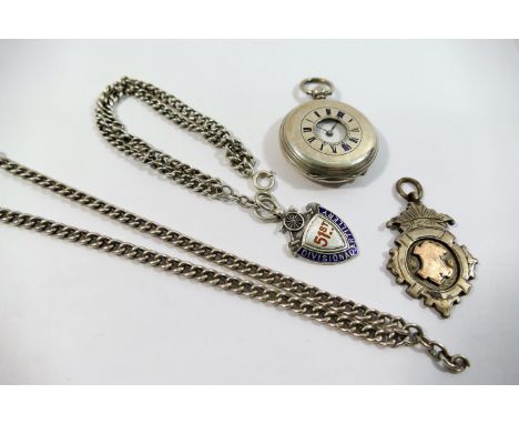 A small silver half-hunter pocket watch, Birmingham 1882, a silver watch chain and medal, Birmingham 1917, and a silver watch