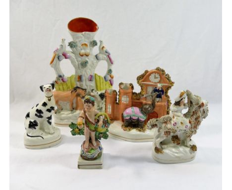 Five pieces of Staffordshire pottery comprised of a figural group of Prince Almansor and the elephant depicting the Prince be