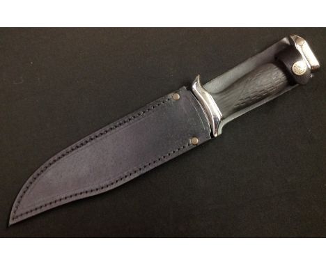 Bowie Knife with  225mm long blade maker marked "Nieto 440c Stainless Handcrafted, Spain". Width of blade 37mm. Plated crossg