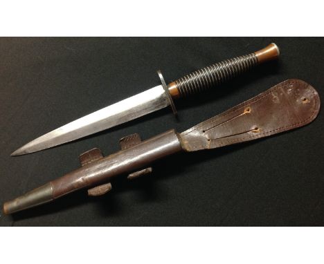 British Third Pattern Fairbairn Sykes Fighting Knife. 168mm long double edged blade with etched maker mark "Wilkinson Sword L