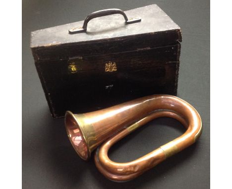 Victorian British Army Bugle. No makers marks or mouthpeice. Approx 25cm in length. Horn 10cm in diameter. Copper with brass 