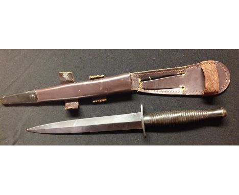 British Third Pattern Fairbairn Sykes Fighting Knife. 175mm long double edged blade, no makers mark. Crossguard maker marked 