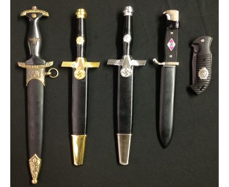 REPRODUCTION Third Reich dagger collection of 4 items to include: Hitler Jugend Knife. Chinese made copy. Single edged blade 