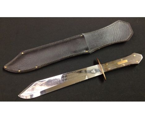 Bowie Knife with 266mm long blade with a die stamped Skull &amp; Crossbones to the ricasso and an etched dedication showing a