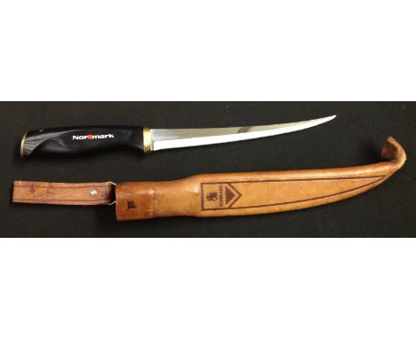 1967 Normark Fiskars Hunting/Fillet Knife with 161mm long stainless steel blade. Brass pommel with black plastic grip. Overal