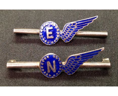 WW2 British RAF Sweetheart Brevette Half Wing tie pins: Both is dark blue enamel, one for Engineer and one for Navigator. Bot