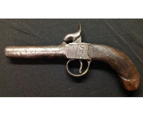 Percussion cap pistol with 71mm long barrel with approx 10mm bore. Hammer will hold at both full and half cock. No makers mar