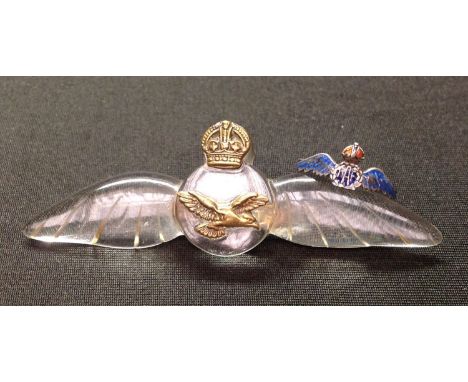WW2 RAF Sweetheart Brooch made from aircraft plexiglass and an RAF button. 80mm in width. Nicely made. Along with an RAF Swee
