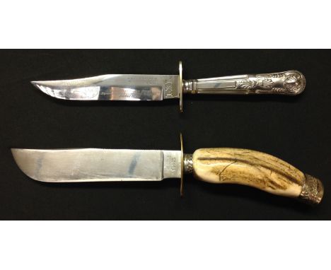 Pair of Bowie knives: 155mm long blade maker marked to ricasso "Johnson Western Works, Sheffield". Brass crossguard. Horn gri