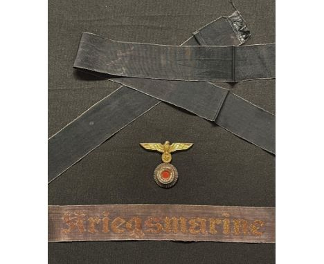 WW2 Third Reich Kriegsmarine cap tally in wire thread, overall length 139cm, has been worn on a cap, along with the matching 