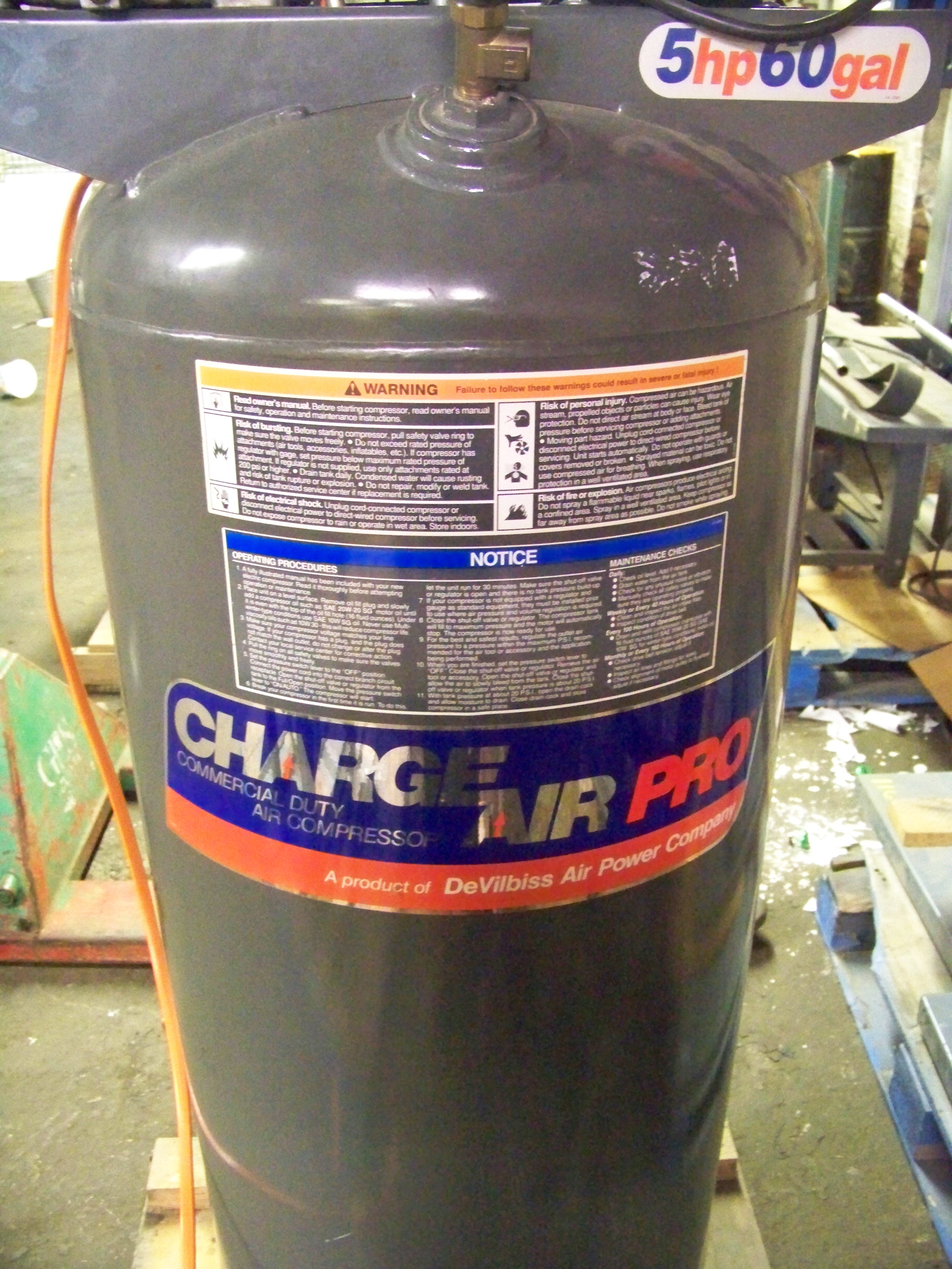 CHARGE AIR PRO 5 HP 60 GAL STAND UP AIR COMPRESSOR (NOT TESTED)