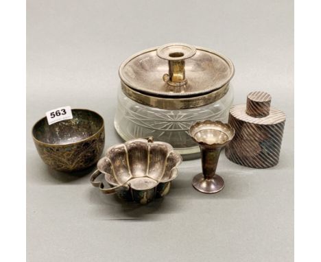 A silver plated chamber stick, tea caddy, fruit bowl, etc.