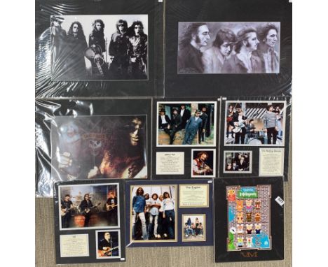 Seven prints including Guns and Roses, the Eagles, U2, Lethro Tull, The Rolling Stones, Led Zepplin, and signed print of The 